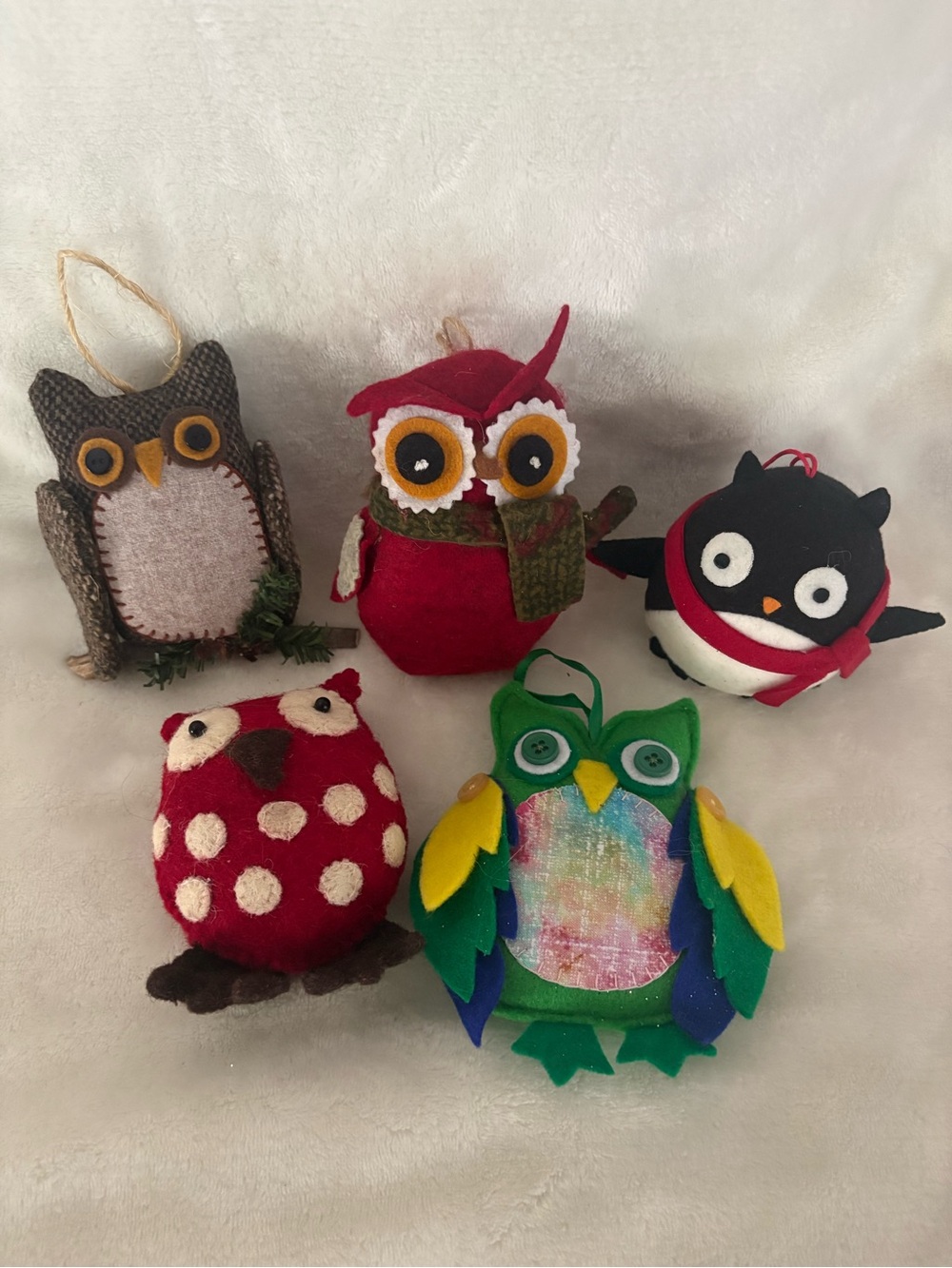 Owl Felt Christmas Ornaments Set of 5 Handmade & Store-Bought Woodland Decor